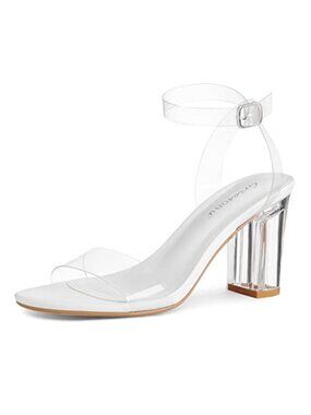 Clear Chunky Heel Sandals Open Toe Ankle Strap Block Heel Dressy Party Wedding
